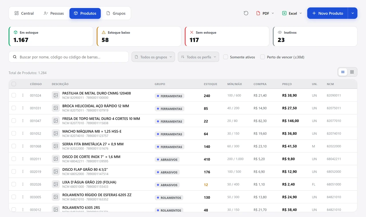 Consulta de produtos com os totais em estoque, estoque baixo, sem estoque e inativos, e a lista com código, descrição, NCM, grupo, estoque, mínimo e máximo, compra e preço.