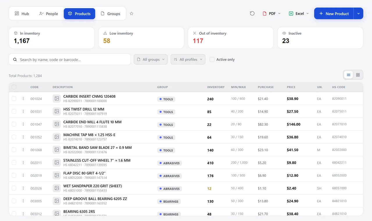Product lookup with totals for in stock, low stock, out of stock and inactive, and the list with code, description, tax classification, group, stock, minimum and maximum, cost and price.