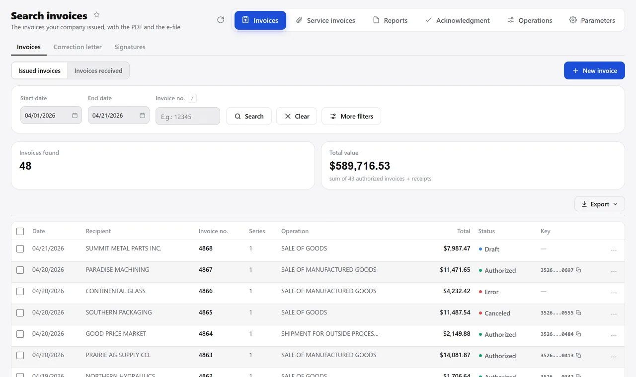 Lookup of April invoices, with the period’s total and each invoice’s status: authorized, canceled, with an error or in draft.