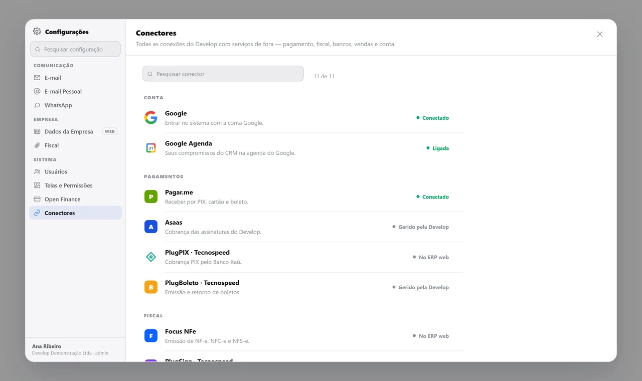 Conectores do sistema agrupados por conta, pagamentos e fiscal, cada um com o seu estado — conectado, ligado, gerido pela Develop ou disponível no ERP web.