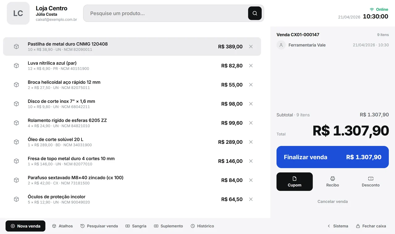 Caixa da Loja Centro com uma venda de nove itens em andamento, o total de R$ 1.307,90, o botão de finalizar e os atalhos do caixa na barra de baixo.